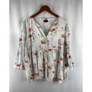 Jones New York Women's White Floral Linen Blouse Size 1X Cottagecore Flowy HOLE